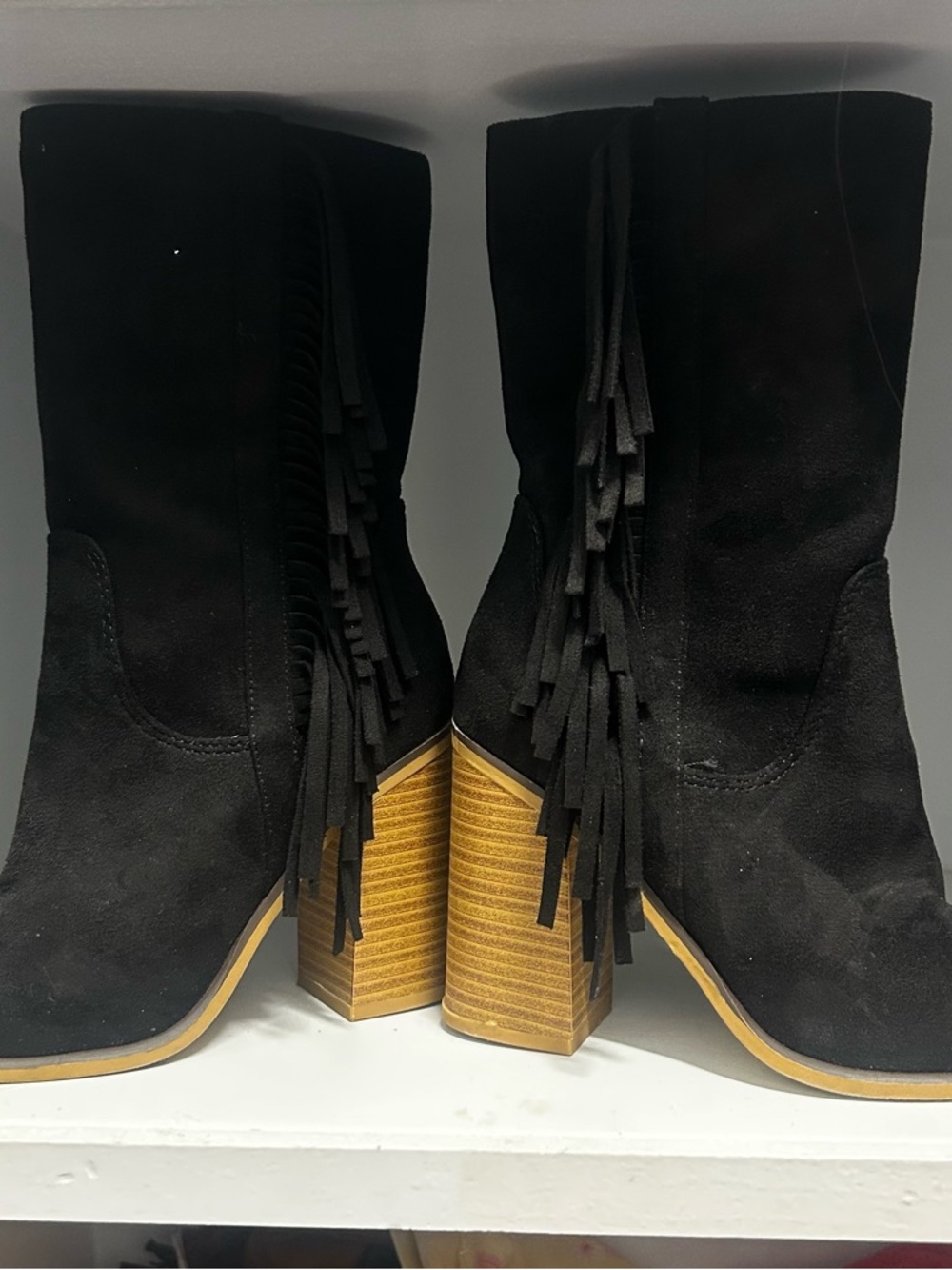 Soda Black Suede Fringe Mid-Calf Block Heel Boots